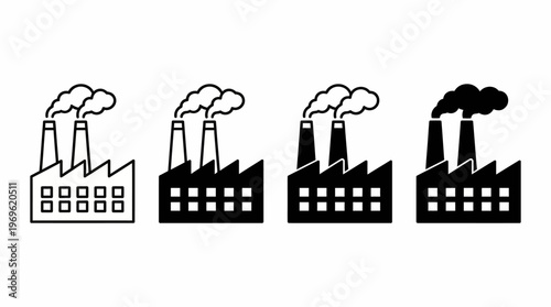Factory Icons Set – Industrial Buildings, Smokestacks, Pollution, Manufacturing, Production, Industry, Energy, Infrastructure, Environment, Vector Graphics
