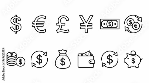 Currency and Money Icons – Dollar, Euro, Pound, Yen, Coins, Wallet, Piggy Bank, Exchange, Finance, Banking, Savings Graphics
