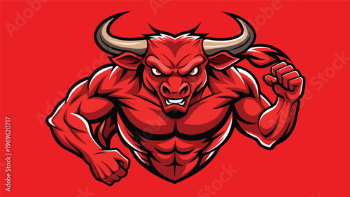 Strong bull logo design on a bright red background showing power and strength in a simple and clear style