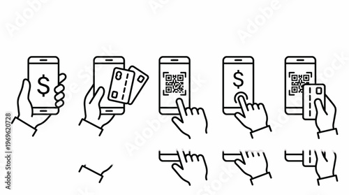 Mobile Payment Icons Set Digital Wallet QR Code Transactions Contactless Card Banking Fintech Smartphone Finance Technology Secure Cashless Solutions