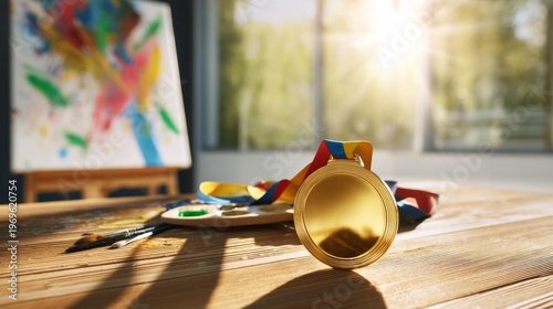 Golden Medal and Artist Palette Beside Colorful Paints and Brushes