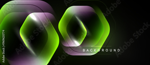 Abstract neon hexagons overlap, creating dynamic glowing effect. Dark background emphasizes vibrant colors, modern design element.