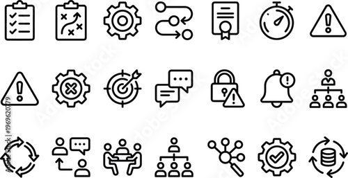 Business Management and Workflow Line Icon Set Featuring Task Planning, Process Optimization, Communication, Security, Alerts, Team Collaboration, and Performance Monitoring Symbols
