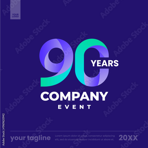 90 years company event blue gradient anniversary logo social media template