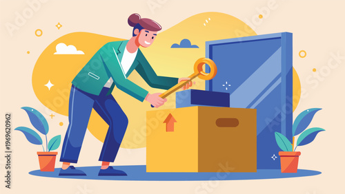 Person unlocking a box with a key near a mirror in a bright and colorful setting during daytime activity