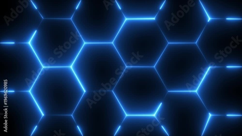 Futuristic glowing blue hexagonal grid background seamless loop abstract technology digital honeycomb pattern with neon lights futuristic sci-fi theme