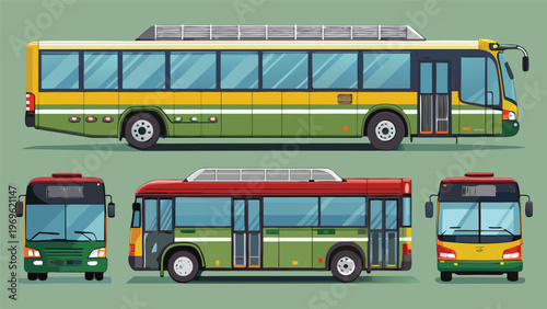 Different styles of buses shown from multiple angles with a simple background and clear design