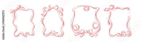 Pink ribbon bow frame decoration with vintage doodle borders. Elegant hand drawn sketch element for wedding, birthday card, and bachelorette party aesthetic design. Vector vintage collection