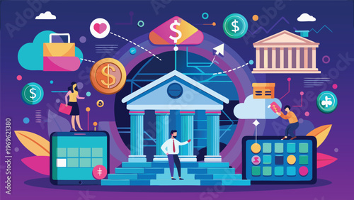 Financial technology shapes banking with digital tools and modern services for users in a vibrant scene