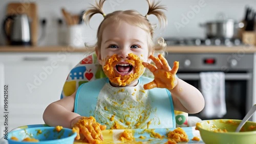 Happy baby eating messy orange puree first solid foods kitchen