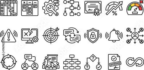 Business Process and Workflow Line Icon Set Featuring Automation, Project Management, Strategy, Optimization, Communication, Security, and Performance Analytics for Digital and Corporate Design