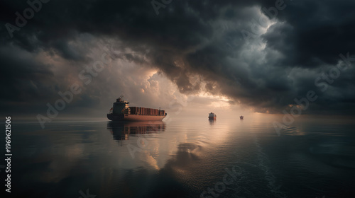 Container ships navigating calm sea under heavy storm clouds. AI-generated.
