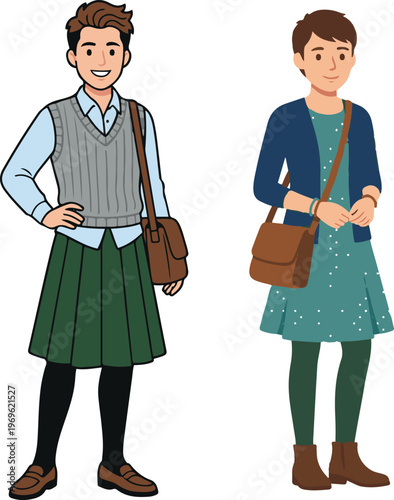 Flat vector illustration of two young people standing side by side, wearing casual outfits with crossbody bags.