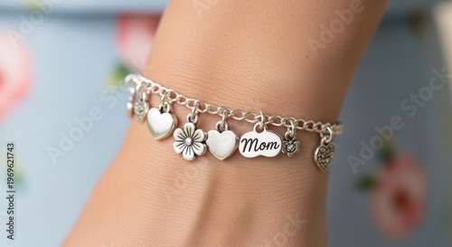 Gold heart charm bracelet with Mom.