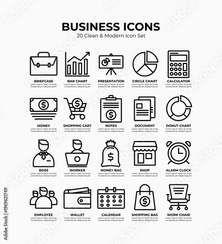 20 Business Icons Set – Modern Flat Line Icons for Finance, Marketing, Startup & Corporate Use