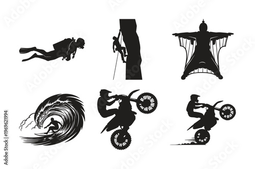 Adventure activities silhouette set bundle with diverse outdoor sports.