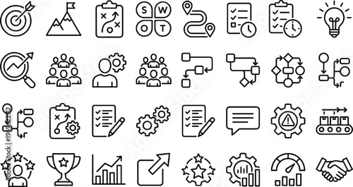 Business Strategy and Goal Achievement Icons Set Featuring Planning, Teamwork, Target Setting, and Progress Tracking for Websites, Apps, and Digital Media Designs