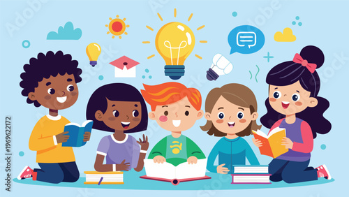 Children gather around a table to share ideas while learning in a bright classroom setting