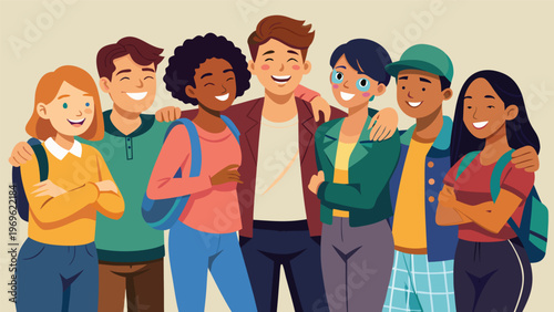 Group of young people smiling and standing together in a casual setting with backpacks during daytime