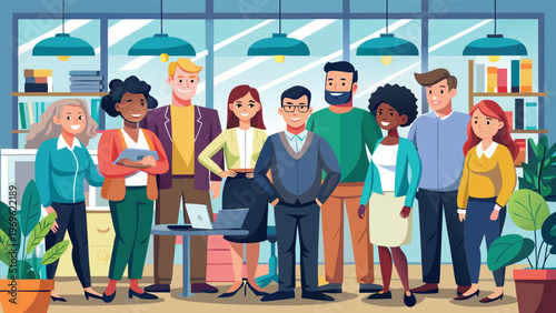 Team gathers in office space for a group picture during work hours with bookshelves and plants in background