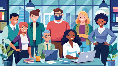 Group of people work together in an office during daytime meeting and sharing ideas with computers and plants around them