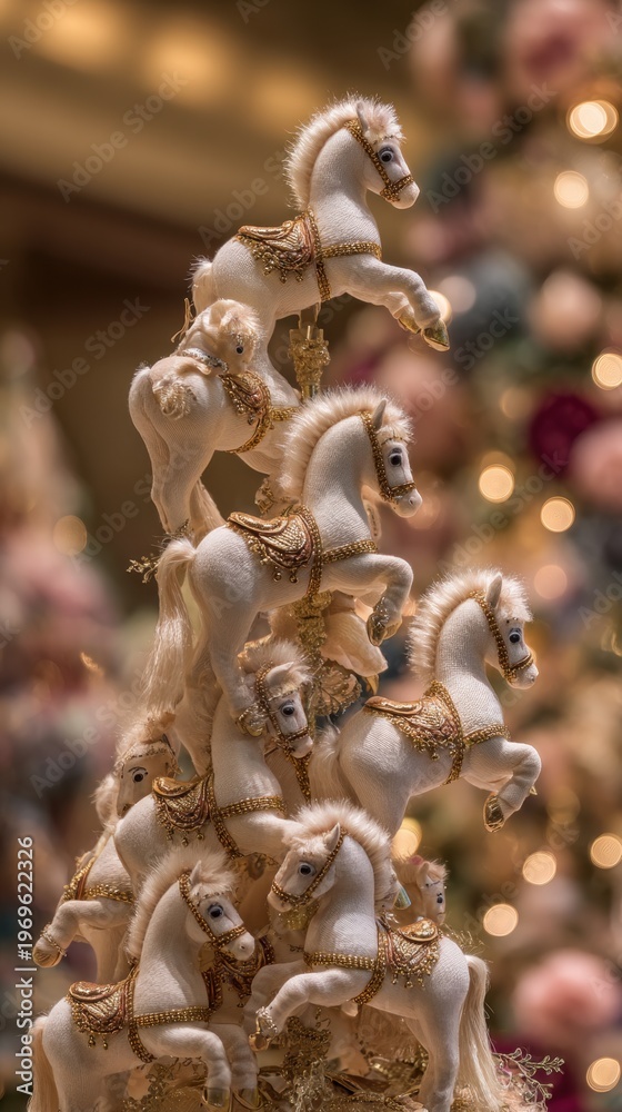 Fototapeta premium Elegant display of ornate white horse figurines in festive setting