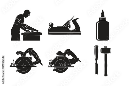 Carpentry tool silhouette set bundle containing saws and plane craft.