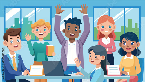 Group of six people celebrate success in an office setting during daytime in a city