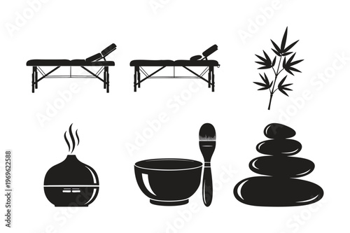 Massage equipment silhouette set bundle of spa treatment accessories.