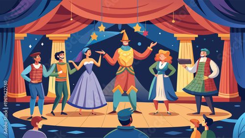 Characters perform on stage at a theater during a lively evening show with a colorful backdrop and bright decorations