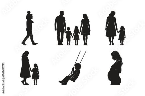 Mother and child silhouette set bundle with pregnant woman and swing.
