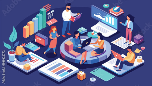 People working together in an office space with computers and reports during the daytime