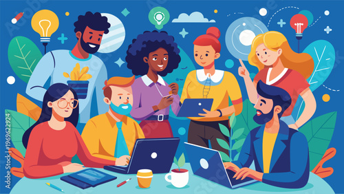 Group of people working together on laptops in a vibrant office space during daytime