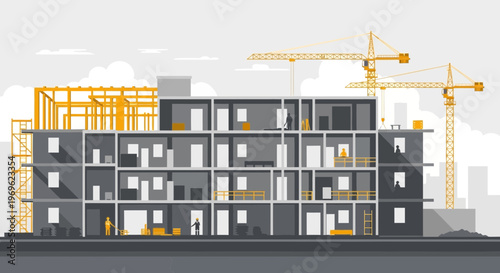 Building Construction Site with Cranes and Structure.