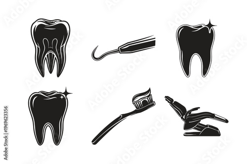 Stomatology silhouette set bundle featuring toothbrush and molar art.