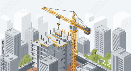 Construction Crane Building Skyscraper Cityscape.