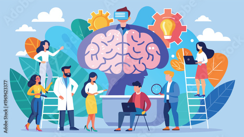 People working together on technology and learning with a large brain and gear symbols in a bright environment