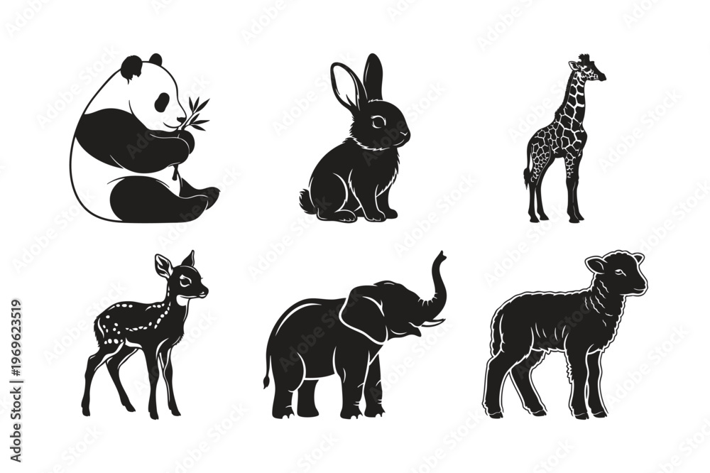 Obraz premium Wild animal silhouette set bundle including panda elephant and deer.