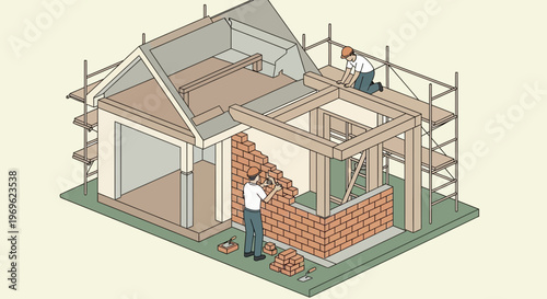 Construction of a house with bricklaying and scaffolding.