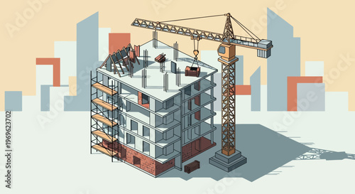 Construction of a modern building with a crane.