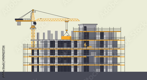 Construction of a Modern Building with Crane and Scaffolding.