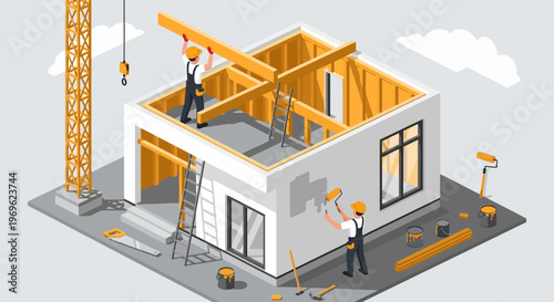 Construction of a modern house with workers and crane 1.