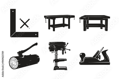 Woodworking tools silhouette set bundle with carpentry equipment collection.