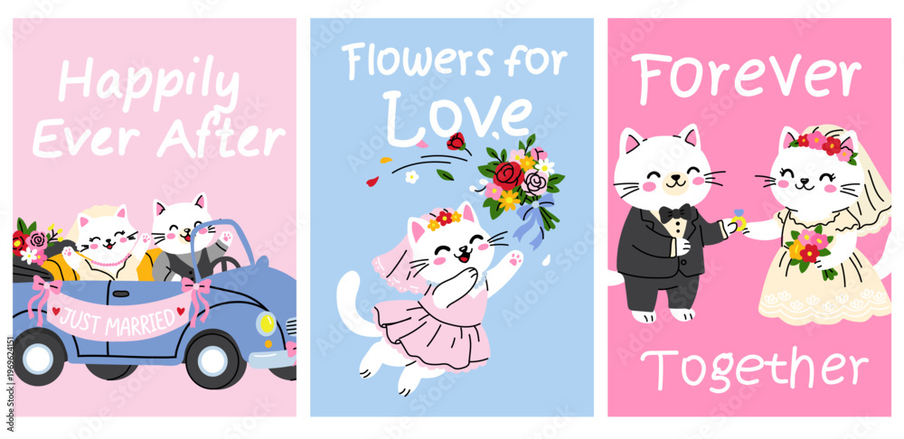 Fototapeta premium Kawaii Cat Wedding Cards Happily Ever After Collection