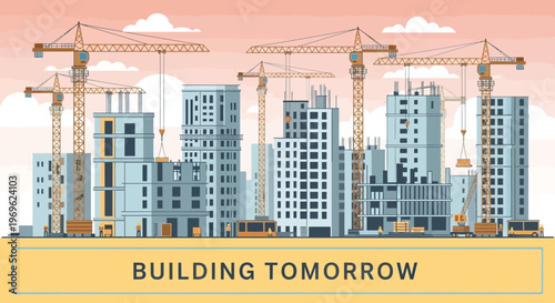 Construction of modern skyscrapers and buildings in a city.