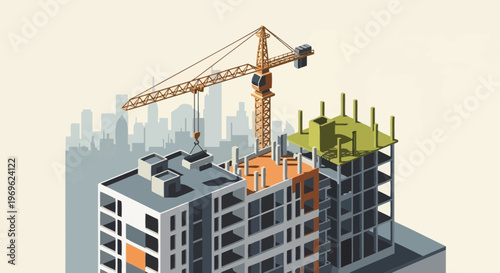 Construction of modern residential buildings with crane.