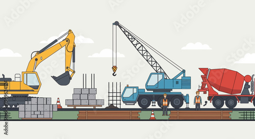 Construction Site Scene with Heavy Machinery and Workers.