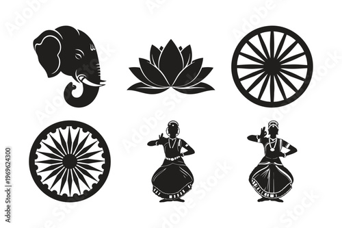 Indian dance and wheel silhouette set bundle of traditional symbols.