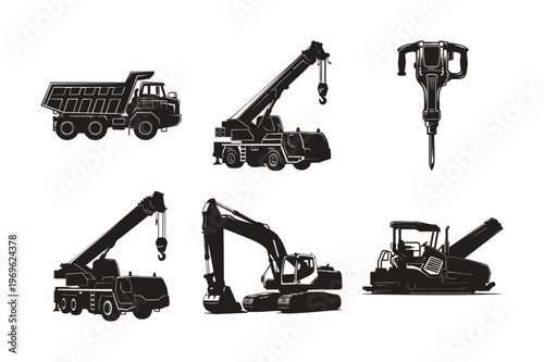 Industrial construction equipment silhouette set bundle for heavy work.