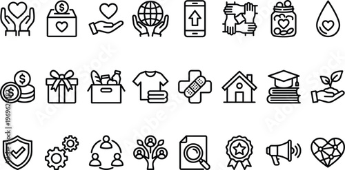 Charity and Donation Icon Set Featuring Fundraising, Support, Volunteer, Giving, Community Care, Nonprofit, Help, and Social Responsibility Line Vector Symbols